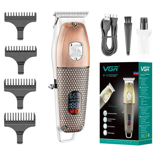 Vgr - V-976 Professional Cordless Hair Clipper & Beard Trimmer 6500 Rpm, 150 Min Runtime, Digital Display, Stainless Steel Blade, Usb Charging, 4 Combs (copper)