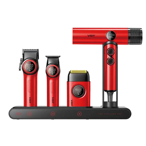 Vgr - Mr. Super Power Stepless Pro 4-in-1 Barber Set | Professional Hair Clipper, Trimmer, Shaver & Hair Dryer | 21-speed Levels, Magnetic Attachments With Led Display & Charging Station