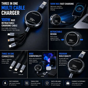 100W 3-in-1 Retractable Fast Charging Cable with Phone Stand