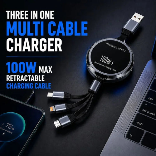 100W 3-in-1 Retractable Fast Charging Cable with Phone Stand