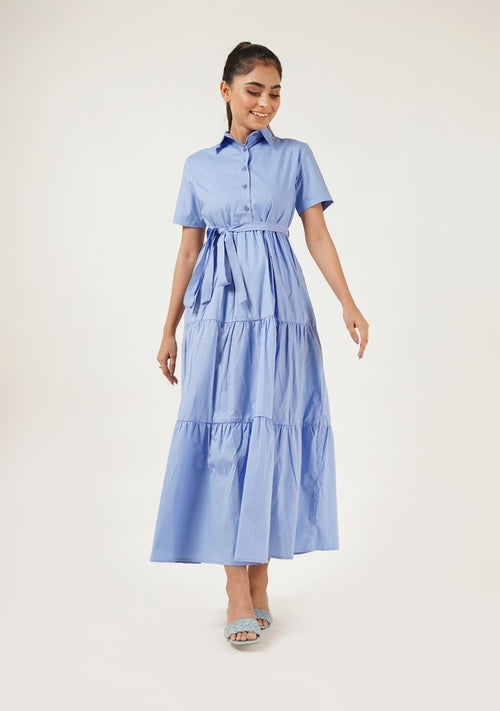 Nine90nine Short Sleeve Collared Dress - Sky Blue