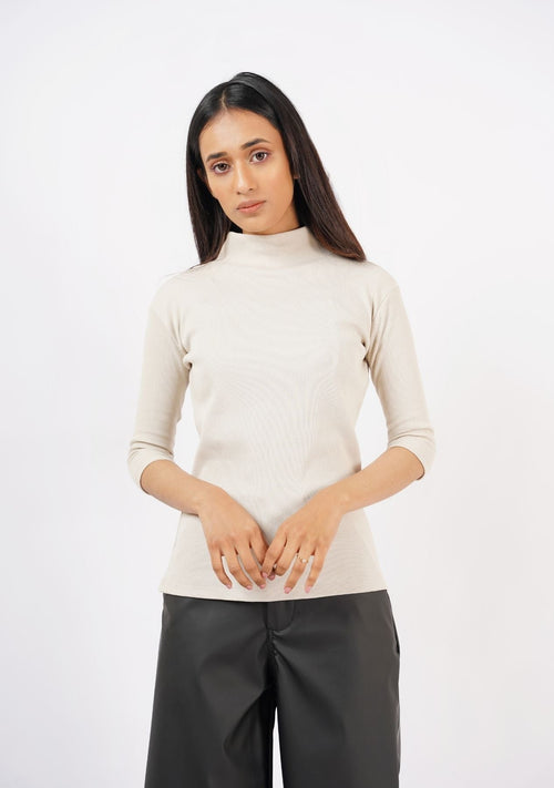 Nine999- High Neck Knit Top - Short Sleeve - Off White