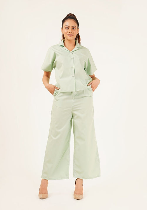 Nine90nine- High Waisted Culotte Pant With Pleat - Light Green