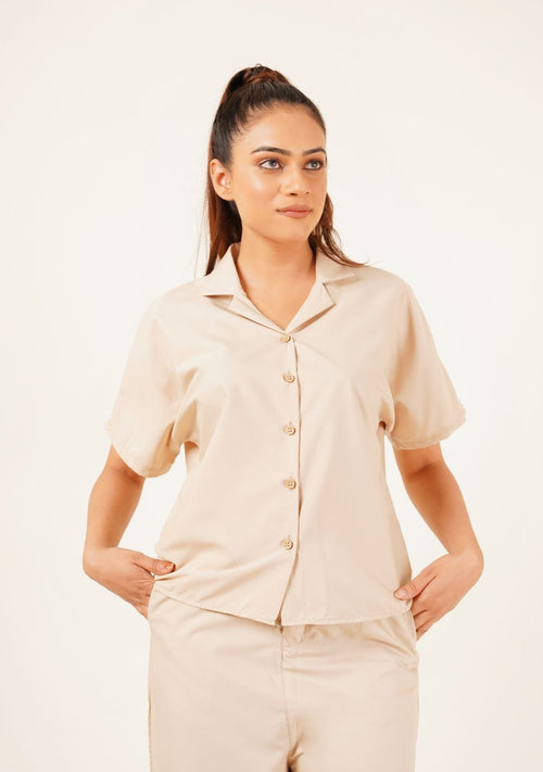 Nine90nine- Short Sleeve Collared Top - Beige