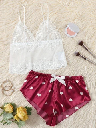 Shein - Pure Desire Floral Lace Bralette With Heart Print Shorts
