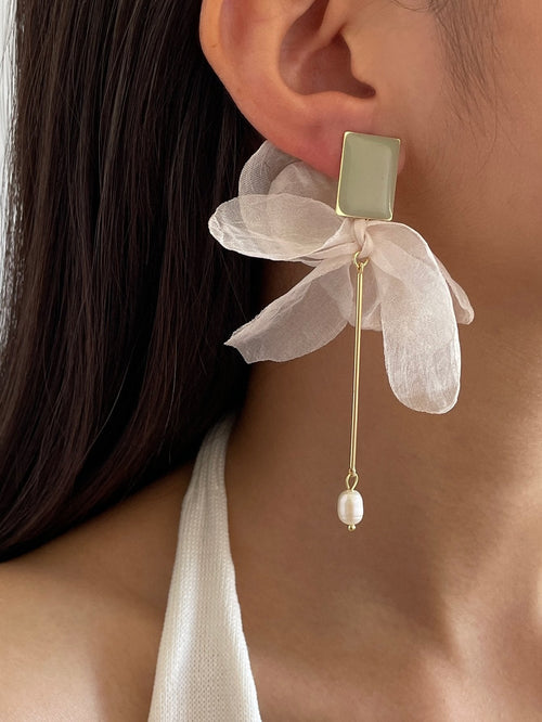 Shein- Faux Pearl & Fabric Bow Decor Drop Earrings