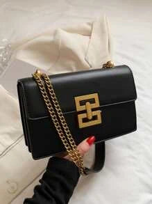 Shein - Minimalist Metal Decor Chain Shoulder Bag Elegant Pu Crossbody Bag, Trendy Flap Shoulder Bag