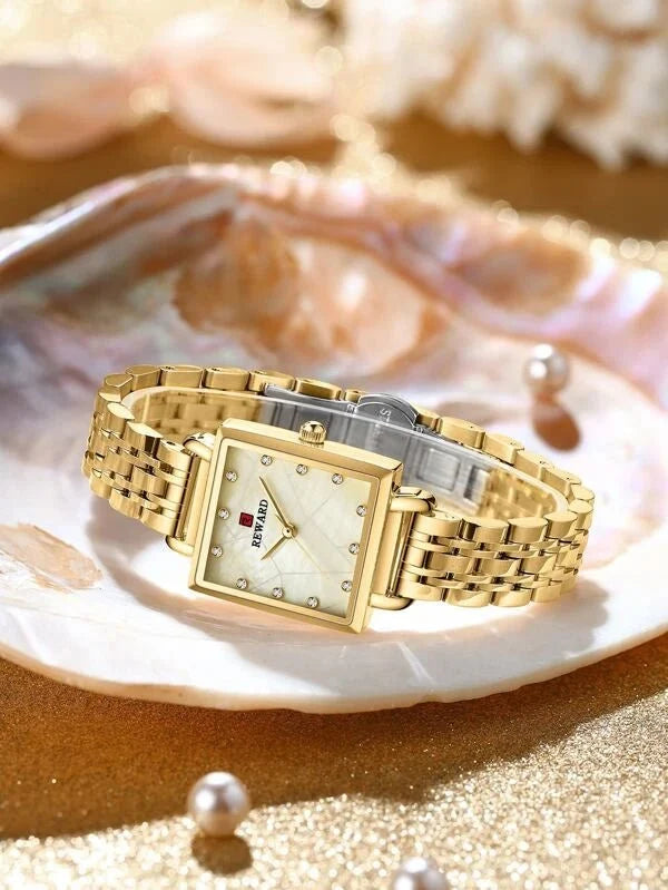 Shein - Rhinestone Decor Rectangle Pointer Quartz Watch Gold
