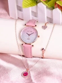 Shein - 1pc Ombre Dial Quartz Watch & 2pcs Jewelry Set