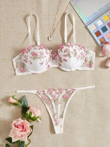 Shein - Florallove Floral Embroidery Underwire Bra & Panty Lingerie Set