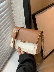 Shein - Lightweight,business Casual Mini Color Block Flap Square Bag For Teen Girls Women College Students