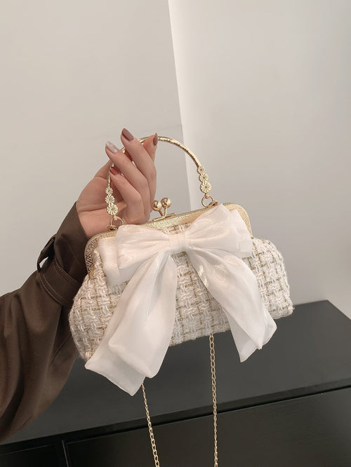 Shein - Plaid Pattern Bow Decor Kiss Lock Satchel Bag Shoulder Bag,crossbody Bag Fashion Portable,lightweight For Girl,for Woman Gift Bag