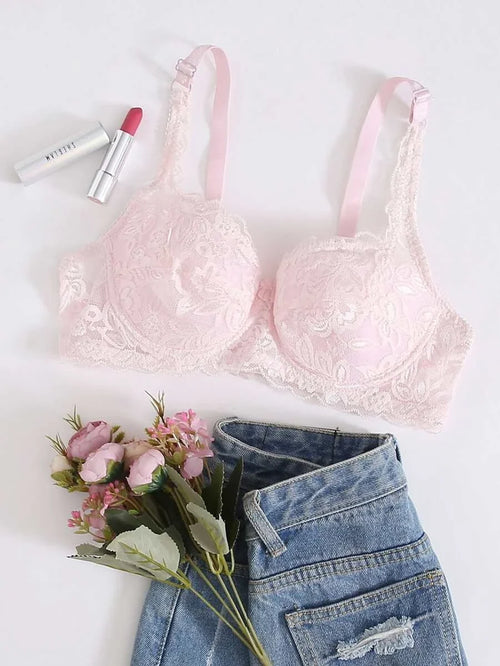 Shein - Floral Lace Metal Ring Bra