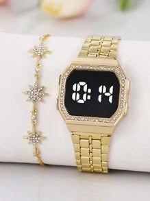 Shein - 1pc Led Display Polygon Electronic Watch & 1pc Bracelet