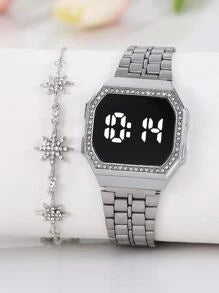Shein - 1pc Led Display Polygon Electronic Watch & 1pc Bracelet