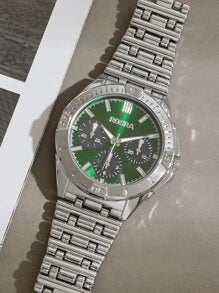 Shein - 1pc Fashionable Silver Green Dial Panda Eye Three Circle Steel Strap Quartz Watch
