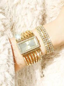 Shein - 1pc Women Square Dial Quartz Watch & 2pcs Chain Bracelet,