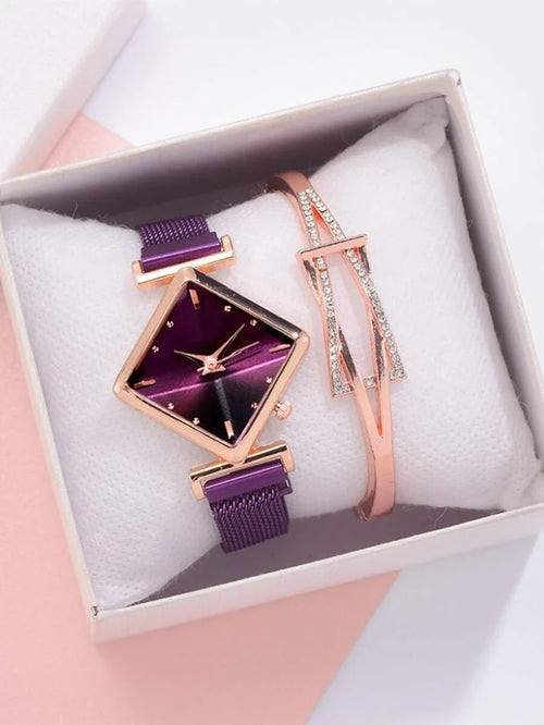 Shein - 1pc Geometric Decor Quartz Watch & 1pc Rhinestone Detail Bracelet