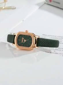 Shein - 1pc Women Green Geometric Embossed Pu Polyurethane Strap Fashionable Square Dial Quartz Watch