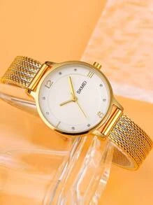 Shein - Skmei 1pc Women Two Tone Stainless Steel Strap Glamorous Water Resistant Rhinestone Decor Round Dial Quartz Watch
