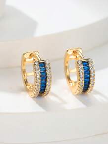 Shein - 1pair Micro-inlaid Blue Square Cubic Zirconia Hoop Earrings For Women, Fashion Jewelry Earrings As Gifts For Girlfriend