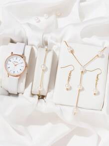 Shein - 1pc White Pu Polyurethane Strap Casual Round Dial Quartz Watch & 4pcs Faux Pearl Decor Jewelry Set,