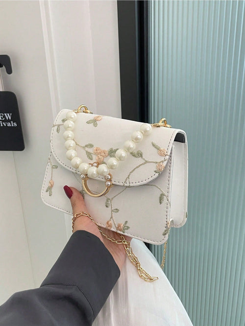 Shein - Argyle Princess Faux Pearl & Rhinestone Pearl Chain & Decor Mini Square Bag Flower Embroidery Faux Pearl Decor Fashionable For Party, Wedding, Prom And Dinner, Lipsticks, Women's Pearl Bag