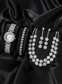 Shein - Pc Ladies Watch Women Silver Zinc Alloy Strap Glamorous Rhinestone Decor Round Dial Quartz Watch & 4pcs Earrings Bracelet Necklace Jewelry Set