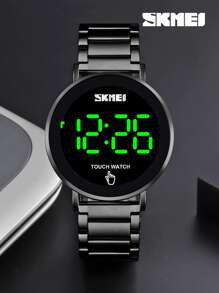 Shein - Skmei 1pc Black Stainless Steel Strap Fashionable Water Resistant Round Dial Digital Watch, Fo