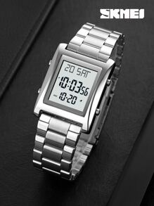 Shein - 1pc Men Silver Stainless Steel Strap Business Calendars Alarm Water Resistant Square Dial Digital Watch