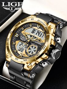 Shein - Lige Lige 1pc Black Silicone Strap Sporty Date 24 Hour Chronograph Round Dial Digital Watch