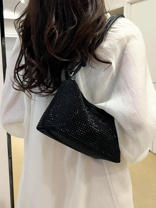 Shein - Lightweight,business Casual Black Hobo Bag Studded Decor With Zipper For Teen Girls Women College Students