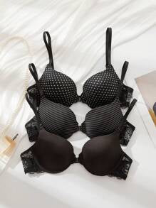 Shein - 3pcs Contrast Lace Underwire Bra