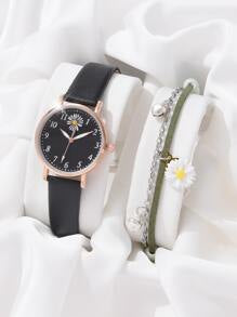 Shein - 1pc Women's Daisies Pu Leather Strap Casual Quartz Watch And 1pc Bracelet