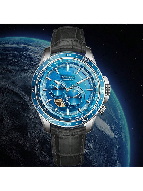 Shein - 5bar Gmt Automatic Mechanical Wristwatch World Map Man 3d Relief Big Dial Auto Date Stainless Stee Clock Sapphire Luminous Watch - Blue