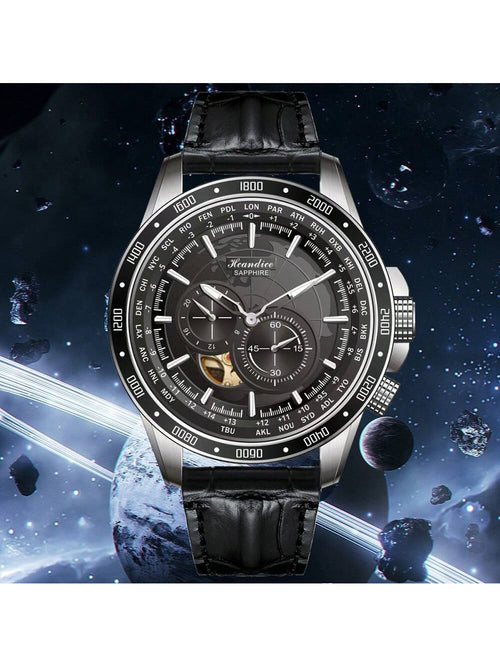 Shein - 5bar Gmt Automatic Mechanical Wristwatch World Map Man 3d Relief Big Dial Auto Date Stainless Stee Clock Sapphire Luminous Watch - Black