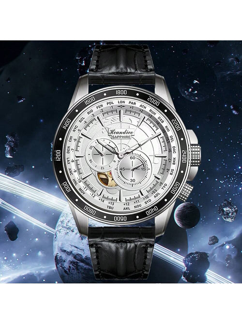 Shein- 5bar Gmt Automatic Mechanical Wristwatch World Map Man 3d Relief Big Dial - White