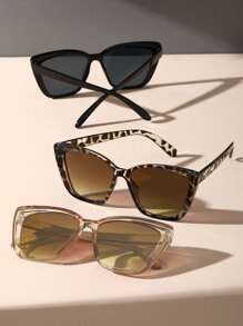 Shein - Elegant 3pairs Women Cat Eye Frame Sunglasses Black Tea Leopard Glasses Y2k Fashion Sunglasses