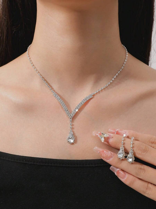 Shein 2pcs/set Women Luxury Rhinestone Drop Dangle Pendant Necklace And Earrings Set For Wedding, Party