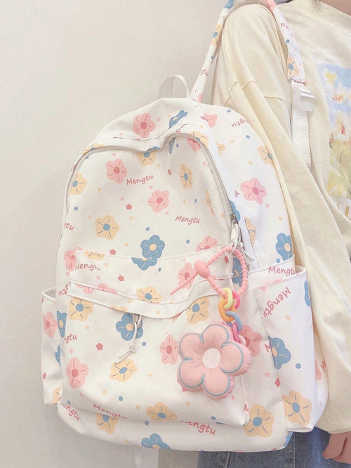Shein - Cute Color Collision Cartoon Printed Backpack With Flower Pendant For Teen Girls, Casual School Bag With Large Capacityschool Backpackclassic,casualfor Teen Girls Women College Studentsback To School,outdoors, Travel, Outings