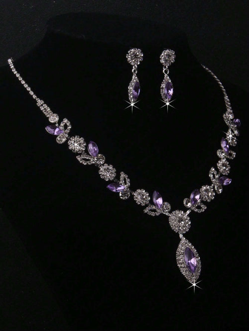 Shein - Purple High-end Bridal Jewelry Set, Including Full Drill Prongs Chain Necklace Set
