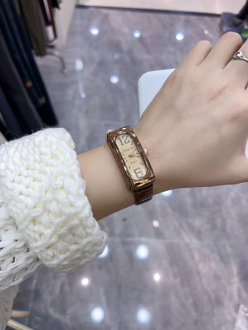 Shein - Rectangle Minimalist Style Women's Quartz Wristwatch With Black, Brown And Green Striped Band