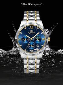 Shein - Men's Sports Watch Va Va Voom Mmxxiii New Stainless Steel Multifunctional Stopwatch Blue-gold Business Quartz Wristwatch