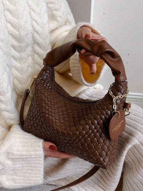 Shein - New Fashionable Simple All-match Fold & Braid Pu Two-tone Handbag Shoulder Bag Crossbody Bag