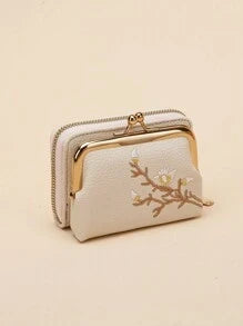 Shein - Graphic Flower Embroidered Short Wallet, Kiss-lock & Zipper Clutch Purse