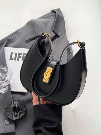 Shein - 1pc Black Buckle Single Shoulder Bag Underarm Crescent Bag With Long Shoulder Strap Zipper Crossbody Bag Crescent Bag Pu Material