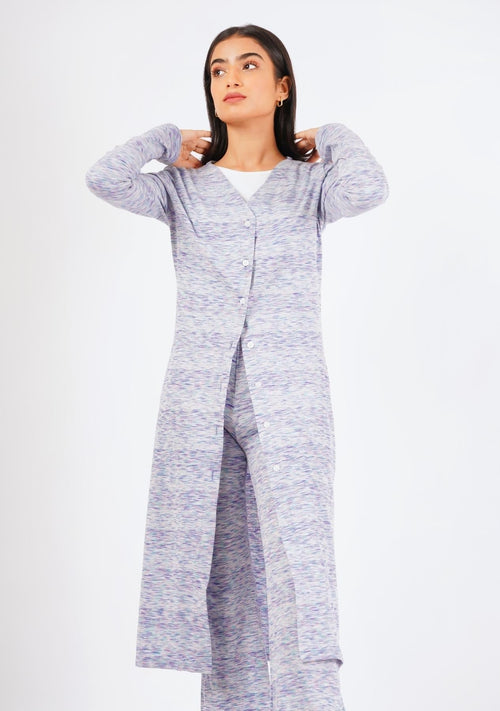 Nine90nine- Long Front Button Knit Top - Blue White Candy Stripes (summer Knit)