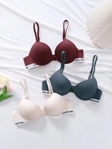Shein - 3pcs Letter Printed Strap Push-up Bra With Underwire Sports