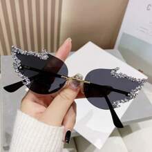 Shein - 1pc New Arrival Frameless Rhinestone Encrusted Flame-shaped Sunglasses