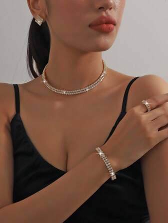 Shein - 1pc Necklace, 1pc Bracelet, 1pc Ring, 1pair Earrings Fashionable Claw Chain Diamond-studded Jewelry Set